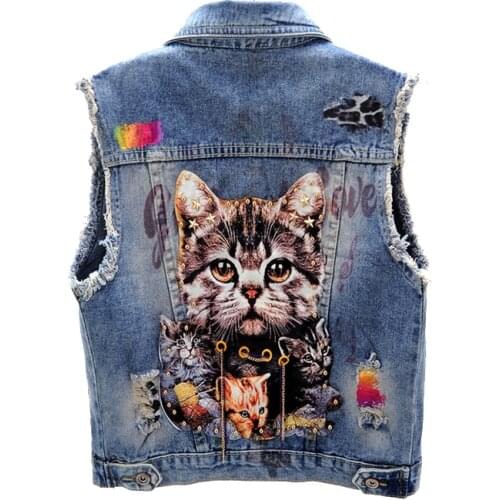 Vadim Vest 2020 Spring and Summer Womens New Fashion printing Sleeveless Coat Girl Lady Slim Short Denim Jacket Coats Jeans Coat