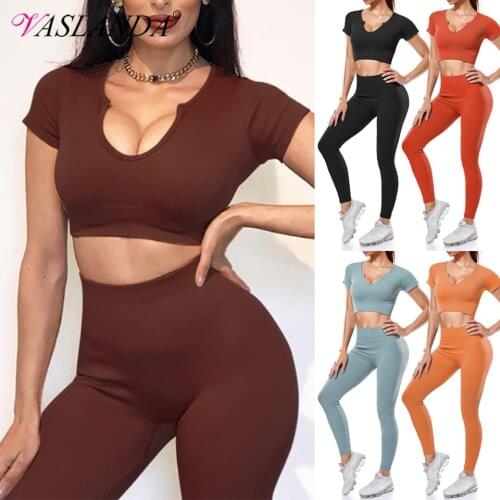 Women Workout Outfits 2 Piece Yoga Sets High Waist Sport Leggings Short Sleeves Yoga Shirts Fitness Crop Tops Running Clothes
