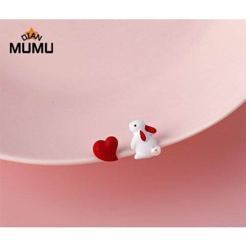 Korean Fashion Red Color Earring Mini Unique Design Rabbit Love Heart Stud Earring for Women Gifts Asymmetric Party Jewelry