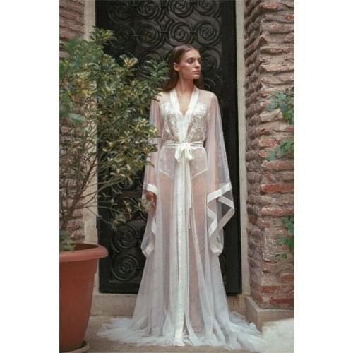 LO&LI Womens Sexy Bathrobe Perspective Long Robe Lingerie Underwear Sleepwear Gowns Bride Dressing Gown Wedding Pajamas