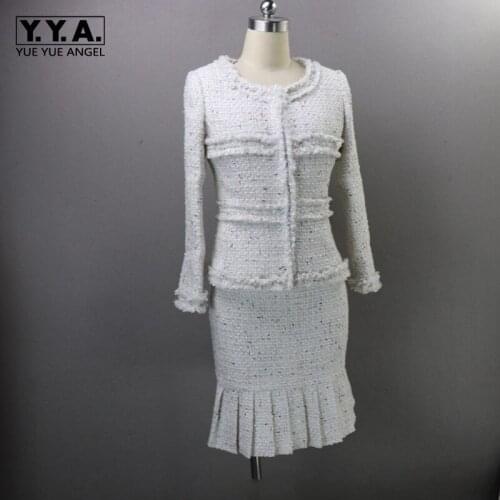 New Women Tweed Jacket Wrap Pleated Skirt Office Work Outfits Suit White Spliced Runway Slim Fit Ladies Party Two Piece Set