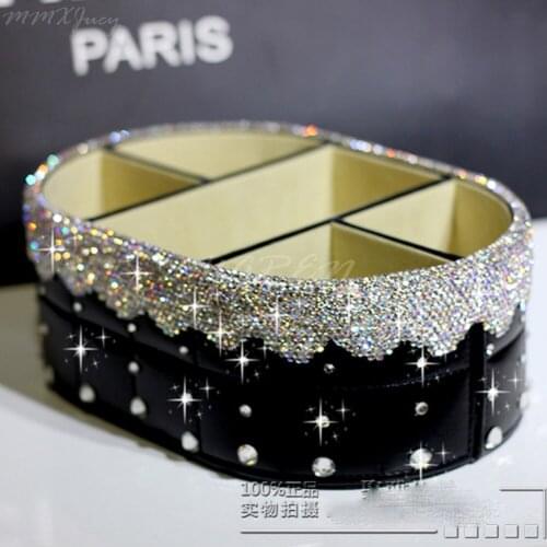 1x Black PU Leather+Drill Stowing Tidying Box Multifunctional Center Console Car Armrest Dash Panel Bling