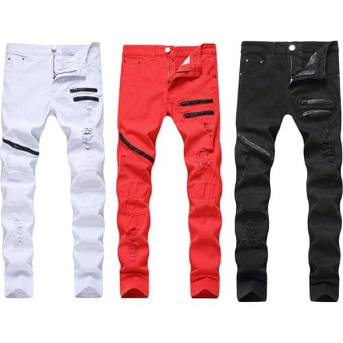 2020 Mens Zipper Jeans Casual Jeans Three-color Slim Frayed By Hand Hole Straight Jeans Patchwork Hip Hop Jeans 3 Color 7 Size