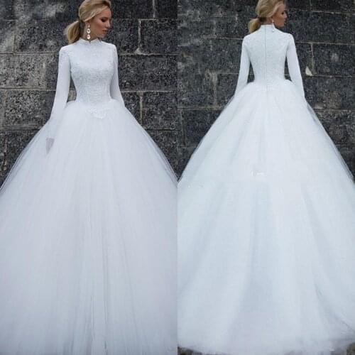 2021 Elegant High Neck Muslim Lace Tulle Wedding Dresses Long Sleeves Simple Bridal Dresses Long Wedding Gowns Vestido De Noiva