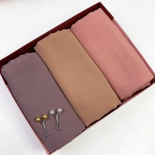 3pcs/box Fashion Plain Hijab Heavy Chiffon Scarf Wrap Solid Color Shawls Headband Muslim Hijabs Headscarf Customized Gift Box