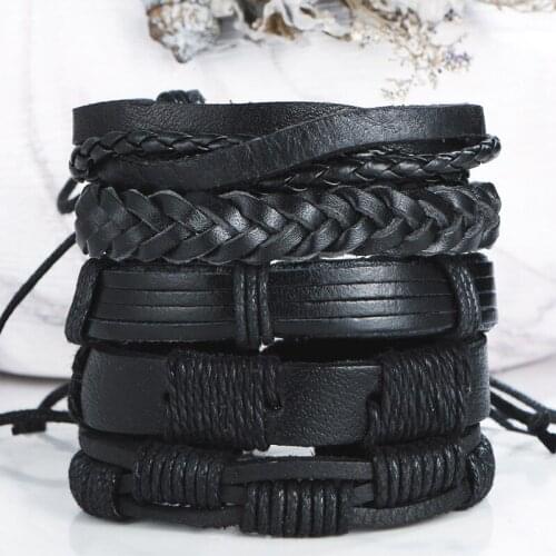 5pcs/lot Retro Male Black Artificial Leather Bangle Bracelet for Men Charm Handmade Wrap Wristbands Bracelets Jewelry Gift
