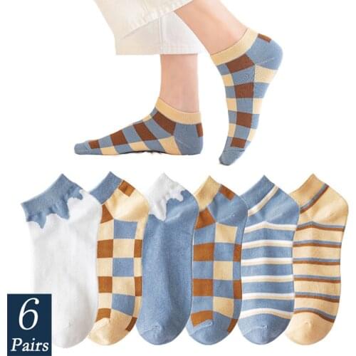 6 Pairs/Set Women Short Socks Happy Casual Striped Plaid Boat Sox Breathable Comfortable Summer Thin Cotton Ankle Socks 2021 New