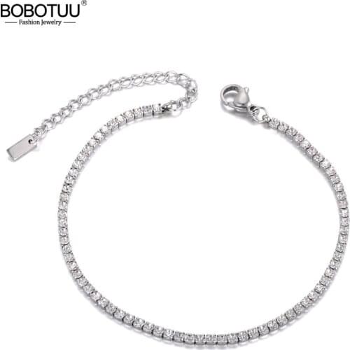 BOBOTUU Sparkling CZ Crystal Charm Bracelets Bangles For Women Girls Stainless Steel Link Chain Bohemia Beach Bracelet BB19108