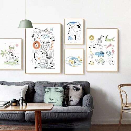 Cartoon Animal Nursery Decoration Poster Land Marine Life Canvas Painting Childrens Room Wall Picture for Living Room Wall Art