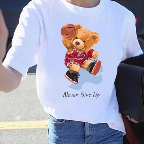 BLINGPAW Graphic T Shirts Basketball Teddy Bear Never Give Up Letter Print T-shirt Unisex Tees Summer Tee Shirts 19 Colors