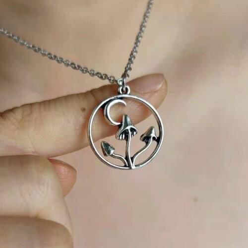 Hzew 1pcs mushroom forest pendant necklace moon mushroom jewelry fantasy elves fairy necklaces woodland for women