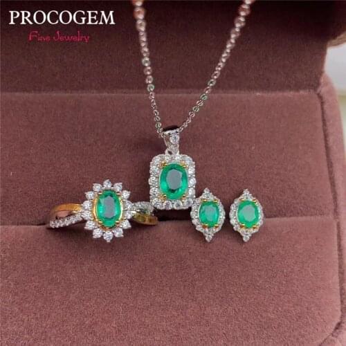 Procogem Natural Real Emerald Fine Jewelry 4pcs sets for women Necklace Ring Earrings Genuine Green Gemstones S925 silver #782