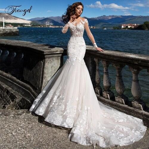 Traugel Scoop Mermaid Lace Wedding Dresses Delicate Applique Long Sleeve Button Bride Dress Court Train Bridal Gown Plus Size