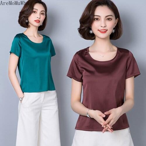 AreMoMuWha T2019 Summer New Silk T-shirt Korean Version of The Large Size Solid Color Loose Thin Satin Silk Shirt Female MH168