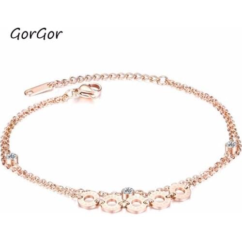 GorGor Hot-selling Jewelry Korean Style Simple Roman Exquisite Rhinestone Anklet Titanium Steel Rose Gold Women Foot Chain 097