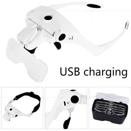 Multi-functional Loupe LED Head Mounted magnifying glass Headband Magnifier with 5 Replaceable Lenses 1X-3.5X Auxiliary Lens