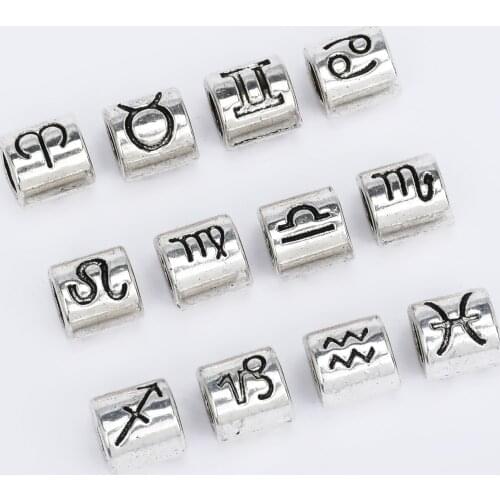 Set of 12 Alloy Zodiac Bead Set 7mm Slider Beads 4mm Hole Constellation Style Double Sided DIY Jewelry Findings 1set 10280350