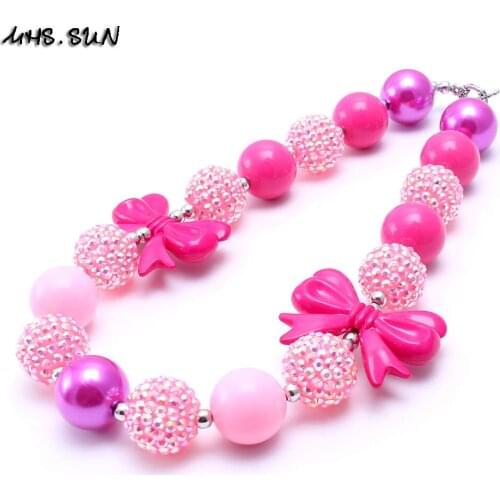 MHS.SUN 2PCS Lovely Pink Kid Chunky Necklace Bowknot Design Toddler Baby Girl Bubblegum Chunky Beads Necklace Jewelry Children