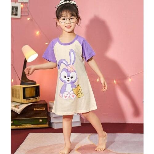 Girls Pajamas Cotton Fashion Casual Dress for Kids Children Printing Cartoon Strawberry Cat Nightdress Home Clothing Baby Dress