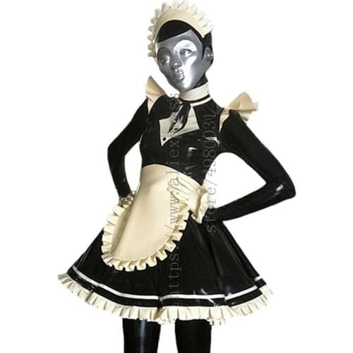 Full set black uniform latex maid costume dress includes maild dress & kerchief & apron(no socks) made of 0.4mm natural latex