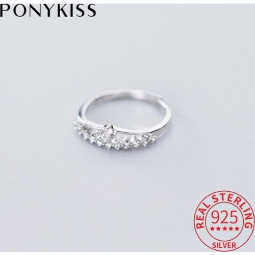 PONYKISS Trendy S925 Sterling Silver crown Zircon Minimlist Adjustable Ring Woman Party Fine Jewelry Accessory Girls Chic Gift