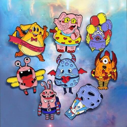 Happy Animal Monster Brooches Custom Rabbit Elephant Chicken Vampire Egg Monster Planet Enamel Pin Brooch Jewelry for Friends