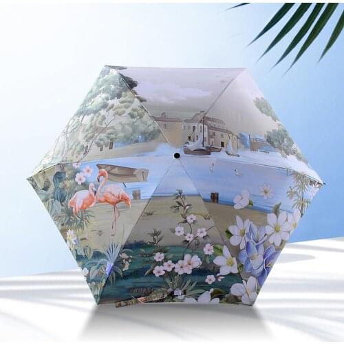 Pastoral Style Five Folding Ultra Light Pocket Umbrella Thermal Transfer Black Coating Cloth Lady Parasol