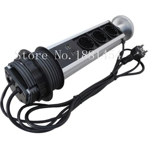 1*RJ45 2*USB 3*EU Tensile Outlet Pop Up Power Socket for Kitchen BenchTop Desk Worktop with LED Indicator Aluminium Alloy Shell