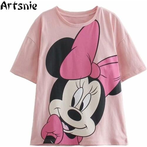 Artsnie Minne Cartoon Print T Shirt Women Summer 2021 O Neck Short Sleeve Pink Tops Female Streetwear Casual Disney T-shirts