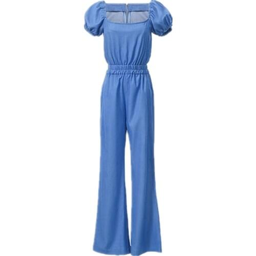 Wide Leg Tencel Denim Jumpsuits for Women 2021 Fashion Rompers Short Sleeve Elastic Waist Long Jumpsuit Women Elegant Overalls