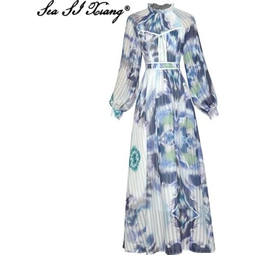 Seasixiang Fashion Designer Early Autumn Long Dress Women Stand Collar Lantern Sleeve Tie-dye Stripe Vacation Maxi Dresses