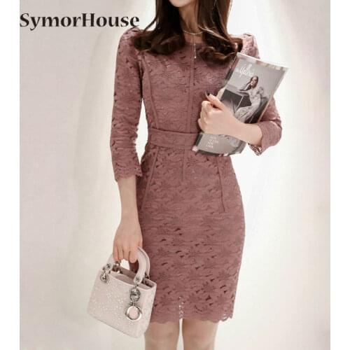 Fashion Womens Lace Dress 2021 new product temperament O-Neck three-quarter sleeve Package hip Pencil dresses female
