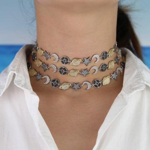 2020 Women Hot Fashion Jewelry Micro Pave White Black Cz Lucky Charm Link Chain Moon Northstar Saturn Planet Statement Necklace