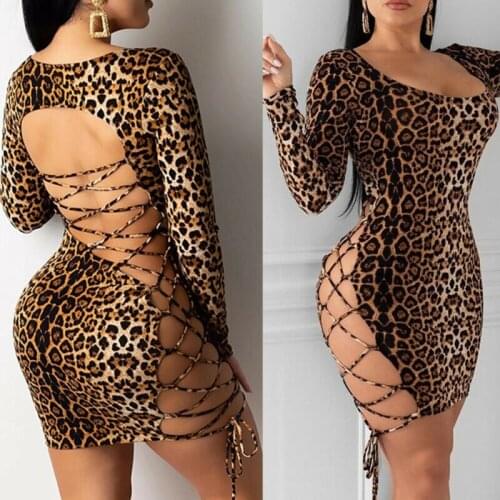 Sexy Leopard Print Backless Bandage Pencil Dress Women Long Sleeve Hollow Out Lace Up Bodycon Skinny Party Club Mini Dress