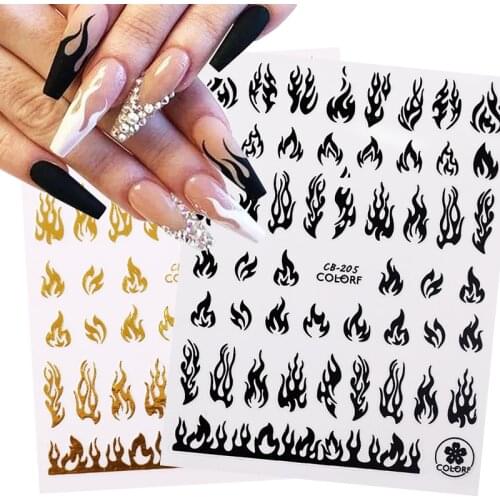 1 Sheet 3D Holographics Nail Stickers Fire Pattern Black White Gold Nail Decals DIY Nail Art Decorations Decor Tool