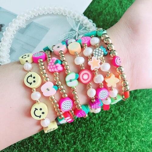 5Pcs 2021 Summer Beach Pearl Bracelet For Women Yellow Smile Face Beaded Bracelets Trendy Girls Strand Bracelet Party Jewelry