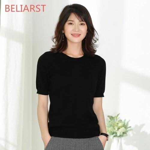 BELIARST New Round Neck Cashmere Sweater Female Pullover Short-Sleeved Sweater Sweater Five Points Sleeve Short Womens Shirt