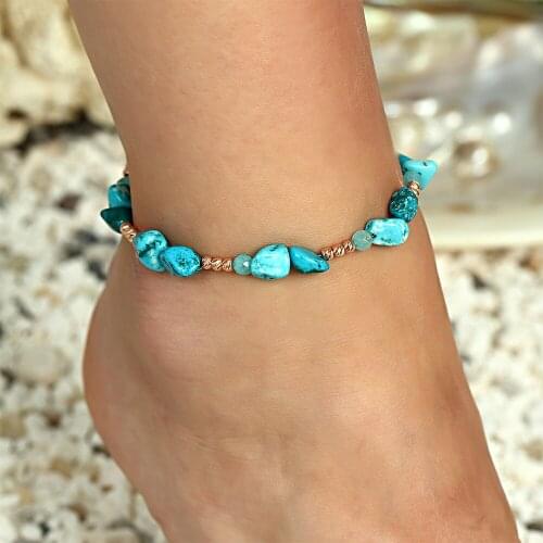 Turquoise Stone 925 Sterling Silver Chain Jewelry Rose Gold Plated Anklet with Turquoise