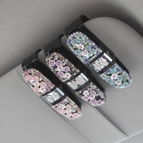 Flower Bling Car Sunglasses Holders Case Sun Visor Clip Glasses Mount Car Glasses Holder Auto Crystal Car Accessory Women Girls