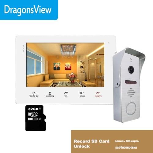 Dragonsview Video Intercom System 7 Inch Video Door Phone with Monitor and Doorbell Camera 16GB SD Card Motion Record White