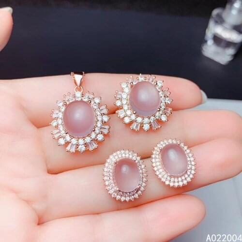 KJJEAXCMY Fine Jewelry 925 sterling silver inlaid natural Rose Quartz female ring pendant earring set exquisite supports test