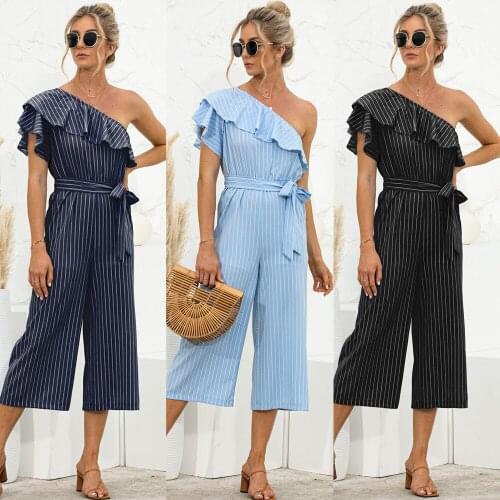 Wide Leg Jumpsuits Woman Clothing Summer Sexy Ruffle Stitching Slanted Shoulder Striped Print Women Rompers Combinaison Femme