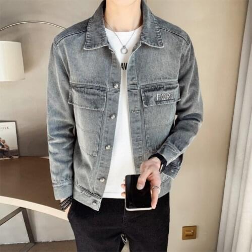 Fashion 2021 Simple Letter Embroidery Jeans Jackets Men Clothing Big Pockets Decor Slim Fit Casual Denim Coats Turn Down Collar