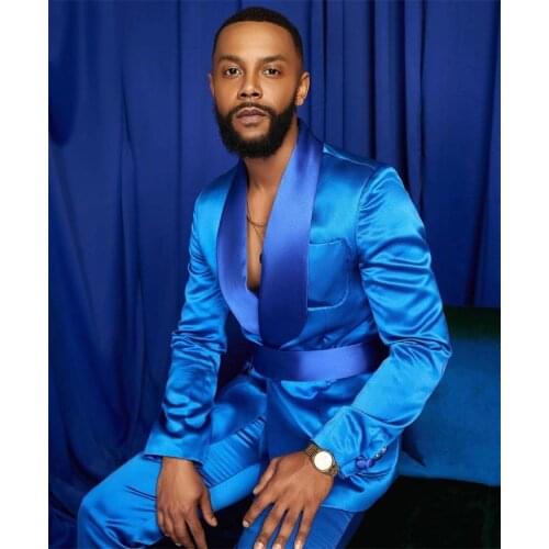 2021 Latest design luxury blue satin suits men for wedding bridegroom 2-piece slim fit suit man lively party Blazer Jacket+pants
