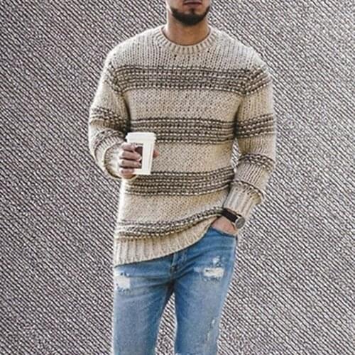 Autumn New 2021 Mens Europe America Knitting Sweater Stripe Loose Casual Round Neck Long Sleeve Solid Color Simplicity