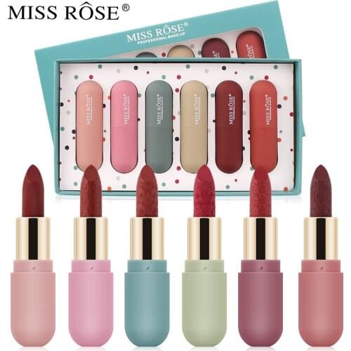 MISS ROSE 6in1 Lipstick Set Matte Lipstick Long Lasting Waterproof Carved Lipsticks Makeup Gift Box Kit