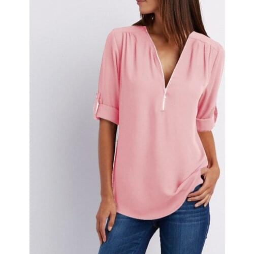 Plus Size 5XL Solid Zipper Shirt Loose Long Sleeve Chiffon Blusas Tops New Women Sexy V Neck Ladies Casual Summer Blouses Mujer