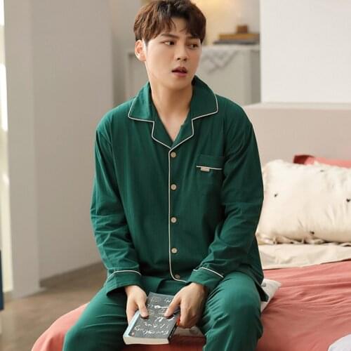 Autumn Fashion Cotton Turn-down Collar Men Sleepwear Long Sleeve Leisure Solid Cartoon Print Warm Masculino Pajamas Set