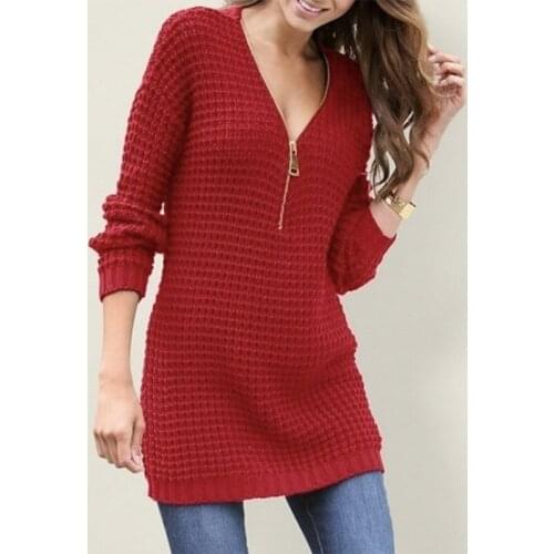 LOGAMI Zipper V Neck Sweater Dress Women Long Sleeve Spring Autumn Mini Dress Womens Casual Pullover