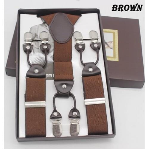 2017 new brown 6 Clips suspenders leather braces Adjustable man/woman suspenders Birthday Gift Wedding apparel accessories